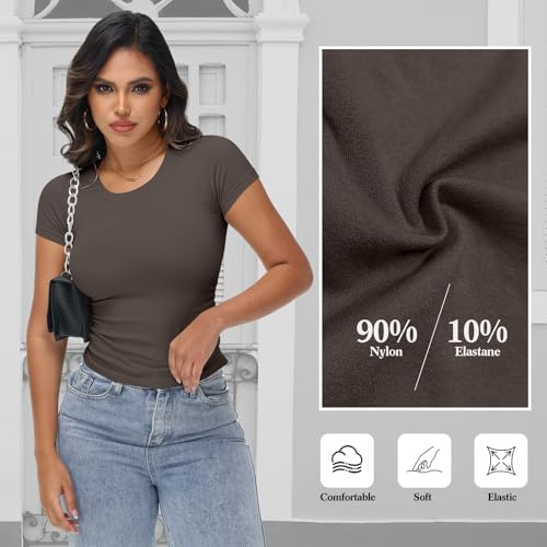 Coume 3 Pack Womens Short Sleeve Crew Neck Ruched T Shirts Summer 2025 Y2k Slim Fit Tees Stretchy Basic Tee Shirts Crop Tops4