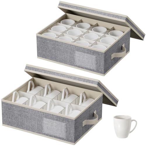 Lifewit 2 Pcs Coffee Mug Storage Box with Dividers, Stackable Cationic Hard Shell Stemware Containers with 24 Cells, Foldable Dustproof China Containers for Moving, Light Grey, 39 x33x14cm