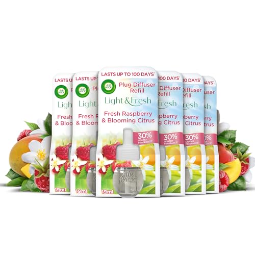 Air Wick Plug in Diffuser Refill, Raspberry & Blooming Citrus, Pack 6 x 19ml, Long Lasting Fragrance, Lasts up to 600 days, Plug in Air freshener