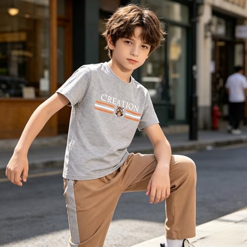 Image of Yoxindax Tween Boy Clothes 2-Piece Letter Print Tee And Color-Block Pants Summer Outfits