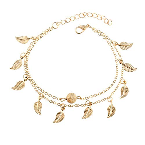 Preisvergleich Produktbild Fußkettchen Doppelschichtiges Fußkettchen Armband Bohemian Feder Anhänger Charms (Gold)
