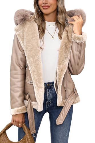 Bellivera Women Faux Suede Leather Jacket Moto Biker Coat Sherpa-Lined Outerwear with Detachable Belt