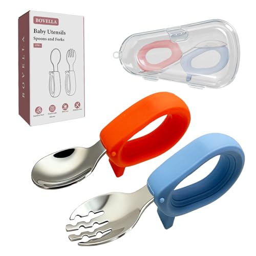 Toddler Utensils, Stainless Steel Baby Forks and Spoons Set with Silicone Handle, Kids Silverware with Portable Storage Case, Baby Feeding Essentials, Dishwasher Safe (Blue+Red)