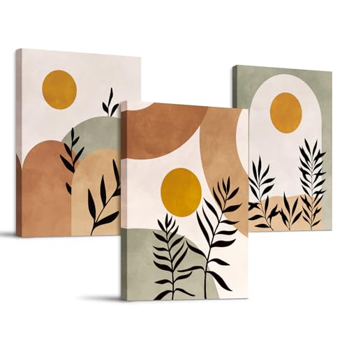 SERIMINO Botanical Wall Art, Boho Canvas Wall Decor for Living Room, Set of 3, Minimalist Orange Sun Artwork Paintings Wall Decor for Bedroom, Office,12 x16 inch