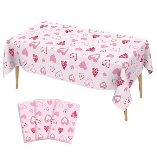Image of Valentines Tablecloth, 3Pack Valentines Day Tablecloth Decorations, 54x108 Inch Pink Heart Valentine Table Cloth Rectangle Disposable Table Cover for Valentine's Day Anniversary Wedding Party Supplies