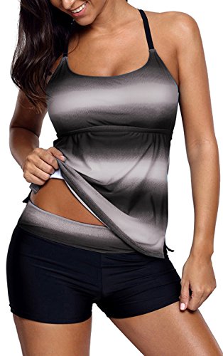 Pandolah Women Open Back Color Striped Tankini Set with Boyshort Swimsuit Swimwear