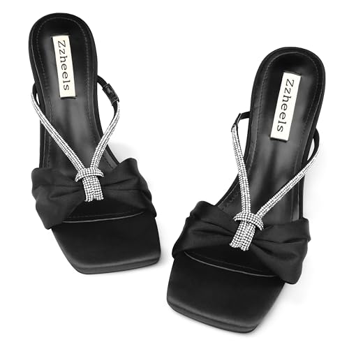 Zzheels Rhinestone Bow Heels Square Toe Slip On Mules Clear Chunky Heels Daily Dress Sandals Black US9 - Main Image