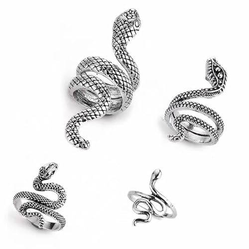 JNTMIKUN Snake Ring, Punk Schlange Ring Set Vintage Schlangenring Schlangen Legierungsring Für Frauen Und Herren Silber (4er Pack)