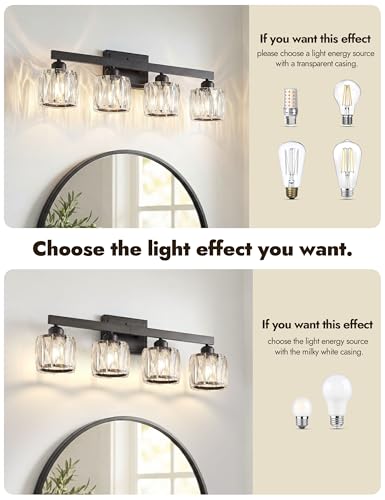 Image of VOLISUN Crystal Vanity Lights for Bathroom, 4 Light Bathroom Vanity Light, Modern Matte Black Bathrooms Light Over Mirror, Black Bathrooms Lights Fixtures-UL Certificated(Exclude Bulb)