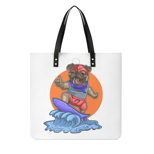 Sac shopping chien carlin surfant pour femmes : grand tote bag en toile de voyage 39x39 cm