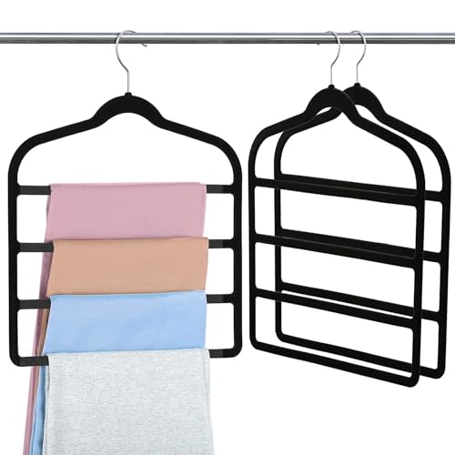 Velvet Trouser Hangers, Space Saving Non Slip Trouser Hangers for Jeans, Trousers, Leggings, Tie, Scarf and Towel, Multi Layer Pants Hanger for Clothes, 3 Pcs