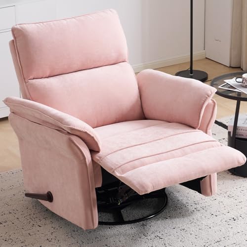 Image of Swivel Rocker Recliner with Adjustable Headrest,Upholstered Glider Rocker Recliner with Overstuffed Armrest,Manual Recliner Nursery Chair for Living Room,Pink