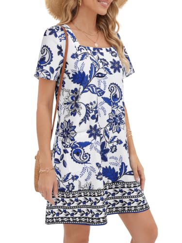 Image of OPOIPIN Women's Floral Print Boho Mini Dress | Summer Square Neck Short Sleeve Beach Vacation Sundresses with Pockets