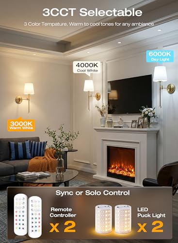Image of CLOUDY BAY 10000mAh Battery Operated Wall Sconces,Up to 100 Hours with Rechargeable RGB Dimmable Magnetic Bulb,Cordless Wall Lighting Fixtures with Remote for Bedroom,Soft Gold,2 Pack-18.6inch