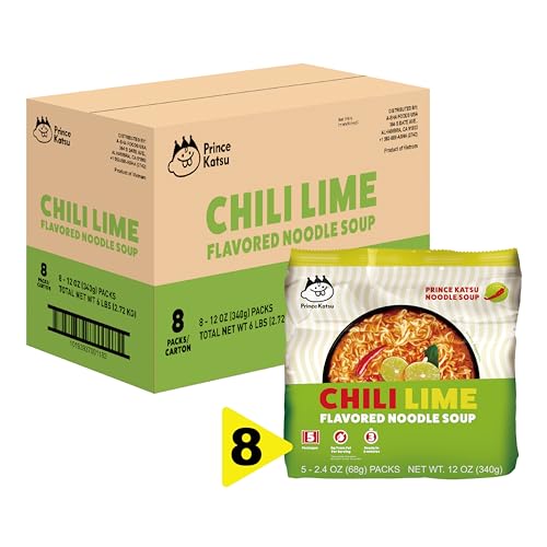Prince Katsu Gourmet Instant Ramen Noodles, Chili Lime Flavored Noodle Soup, 8 Pack 40 Servings, Premium Microwaveable Ramen Soup Mix