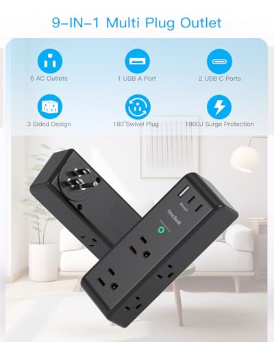 Image of Surge Protector Outlet Extender with Rotating Plug, 6 AC Multi Plug Outlet with 3 USB Ports (2 USB C), 1800J Wall Charger Swivel Power Adapter with Spaced Outlet Splitter for Home Office Dorm, Black