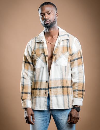 COOFANDY Flannel Shirts Jacket for Men Casual Button Up Plaid Shirts Long Sleeve Vintage Country Shirts Light Khaki - Image 2