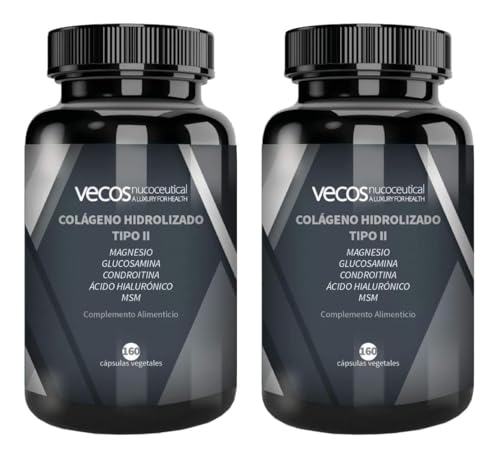 Pack de 2 Botes de Colágeno Hidrolizado Tipo II - 320 Cápsulas Vegetales - Ayuda a Prevenir el Dolor e Inflamación en Articulaciones - Efecto Antiinflamatorio y Antioxidante - Complemento Alimenticio