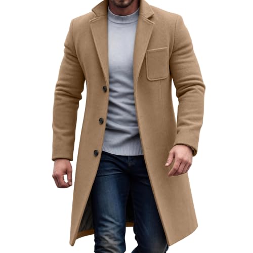 VBTAPA Winter Coat Trench Coat Men Slim Fit Mid Length Pea Coat Winter Overcoat Notched Collar Business Formal Casual Fall Long Jackets Khaki S - image 4