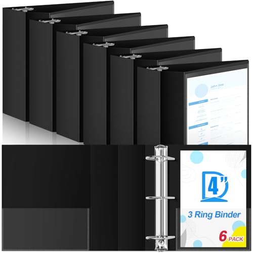 Image of Henoyso 6 Pack 4 Inch D-Ring 3 Ring Binders with Clear Pocket, Heavy Duty Large Capacity Binder with Inside Pockets for Standard Pages 8.5 x 11, Presentation Binder for Office School(Black)