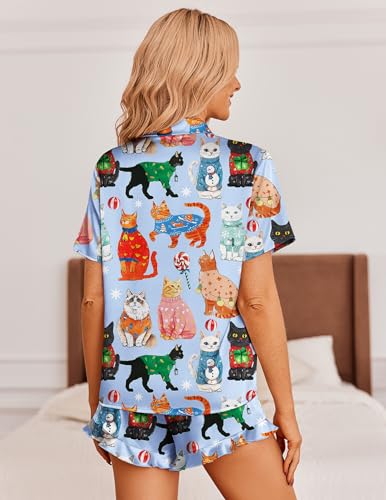 Image of Ekouaer Womens Satin Pajamas Set Button Down 2 Piece Silk Pjs Shorts Set Ruffle Lingerie Notch Collar Sleepwear