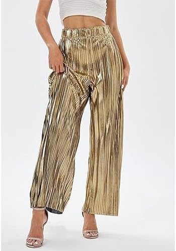 Women's Shiny Pleated Wide Leg Pants Party High Waist Casual Women's Clubwear - Image 7