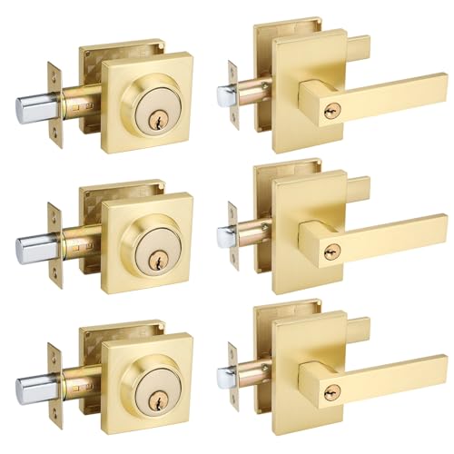 Goldenwarm Gold Exterior Door Lock Set, Door Handle with Deadbolt 3 Pack