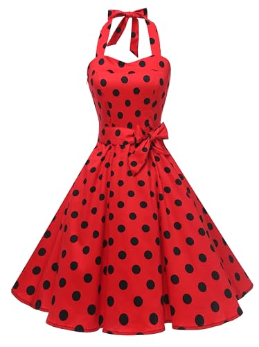 Hanpceirs Casual Sundress for Women Halter Retro Vintage Cocktail Dresses 2025 Summer Dress Red Black Dot XXL