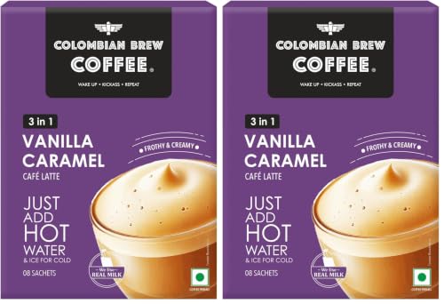 Image of Colombian Brew Vanilla Caramel Cafe Latte, Instant Coffee Powder Premix (3 in 1), 8 Sachets (Pack of 2)