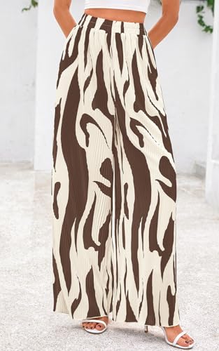 Image of PRETTYGARDEN Womens Pants Dressy Casual Wide Leg Graphic Print Lounge Pants Women Comfy High Waist Pleated Palazzo Pants