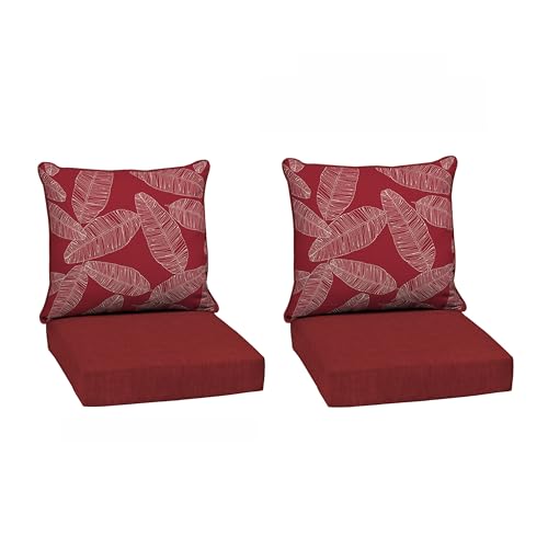 Image of Arden Outdoor Deep Seat Cushion Set (2-Pack), 24 in x 24 in, Weather-Proof, Rain-Proof, Fade Resistant Patio Cushion for Chair, Sofa, and Couch Red Leaf Palm