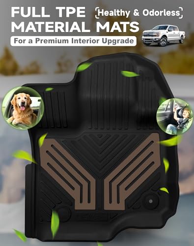 Image of 2-Piece Front TPE Floor Mats for Ford F-150 2015-2026 F150 Lightning 2022-2025 | Saddle Brown Wing Design | Heavy Duty All-Weather Protection