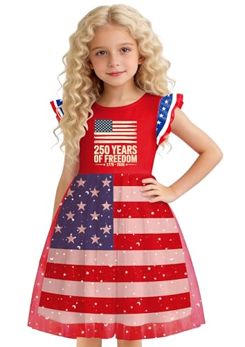 Image of Girls 4th of July Dress American Patriotic Outfit USA Independence Day Clothes Flutter Sleeve Tulle Tutu Dress 5-14y