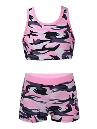 Kids Girls 2 Piece Sports Gymnastics Dance Outfits Crop Tank Top with Booty Shorts Active Workout Sets Blush 16 Years