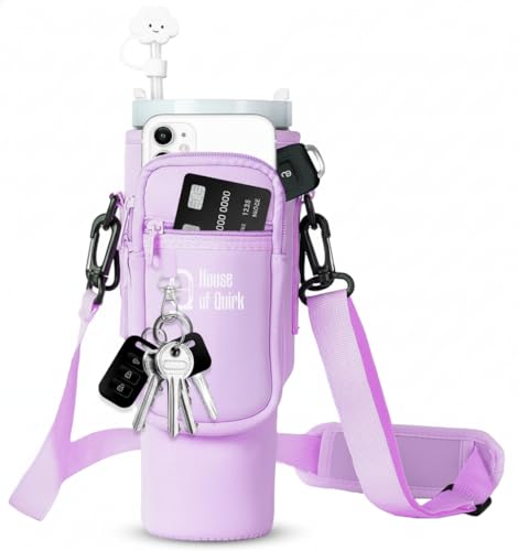 Image of House of Quirk Water Bottle Carrier Bag with Phone Pocket for Stanley 40 /30 oz Tumbler Neoprene Water Bottle Holder Pouch with Adjustable Strap (Purple)