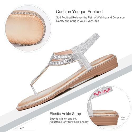 Image of iCKER Women Rhinestone Sandals T-Strap Buckle Bohemian Pearl Crystal Flat Sandals