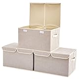 Large Storage Boxes [3-Pack] EZOWare Large Linen Fabric Foldable Storage Cubes Bin Box Containers with Lid and Handles for Nursery, Closet, Kids Room, Toys, Baby Products (Silver Gray)