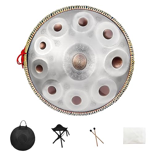 Handpan Drum,22inch 10 Sounds D Minor Silver Print 432hz Handpan,Adult's Steel Hand Pan Instrument,Sounds Clean Clear Ethereal