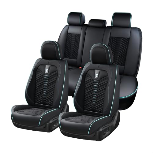 Image of Coverado Car Seat Covers Full Set, 5 Seats Universal Seat Covers for Cars, Breathable Fabric Faux Leather Auto Seat Cushions, Front and Rear Seat Protectors Fit for Most Cars, Black& Blueline