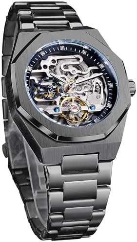 FORSINING Automatic Watch Mechanical Wrist Watch for Men Octagonal Waterproof Skeleton Watches Luxury Diamond Tourbillon Silver Stainless Steel Band