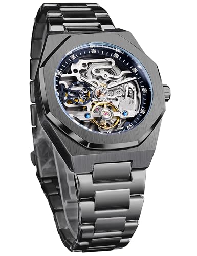Image of FORSINING Vintage Watch for Men Engraved Automatic Self-Wind Mechanical Big Dial Luminous Moon Phase Golden Hollow Tattoo Pattern Wrist Watches, Mechanical