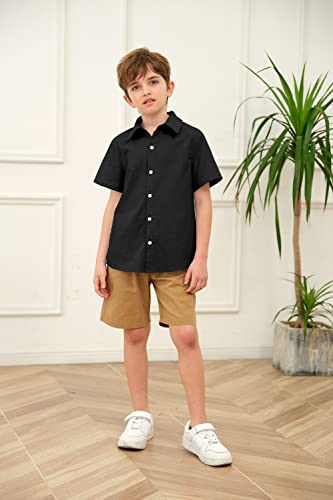 Boys' Button Down Dress Shirts Classic Collared Summer Short Sleeve Tshirt Solid Cotton Tops Black #TOP5