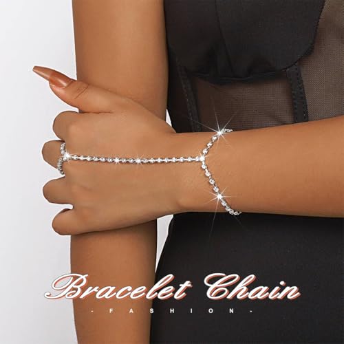 ACEDRE Rhinestone Ring Chain Bracelet Silver Sparkly Finger Hand Jewelry for Women3