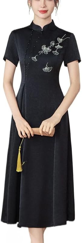HEARTTOUCH Women Ao Dai Qipao Summer A-Linien Dress Chinese Cheongsam Elegant Short Sleeve Party Cocktail Dress Tang Suit