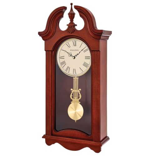 Bulova C3340 Malia Traditional Mantel Clock, Cherry Bordeaux Finish, Brass-Finished Pendulum, Triple-Chime Quartz Movement, Westminster & Ave Maria Chimes, Volume Control, Nighttime Shut-Off by Bulova - Used condition - US$455.40