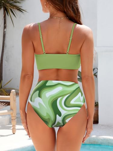 Adigaber Women's Plus Size Bikini Set Twist Front High Waisted Padded Two Pieces Bathing Suits Swimsuits Green - Image 3