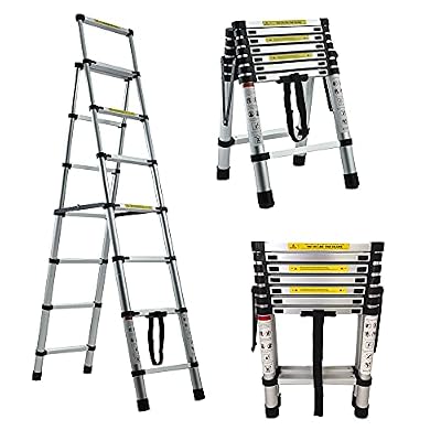 6+7 Steps(6.6ft + 7.5ft) Aluminium Herringbone Ladder Portable Household A-Frame Portable Multi-Purpose Telescopic Ladder