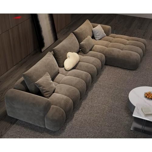 Image of Modern Classic Cloud Puffy Velvet Sofa Tufted Structure Round Arm L-Shaped Sofa Set Supported Round Back with Throw Pillows for Living Room, Hallway Apartment (3+1 & footrest Brown)