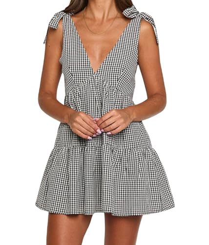 Image of Women Y2k Tie Shoulder Mini Dress Sleeveless Flowy Babydoll Dress Boho Floral Aline Short Sundress