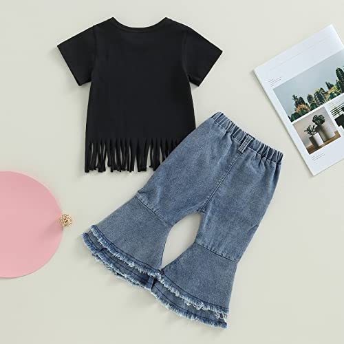 Toddler Baby Girl Clothes Short Sleeve Letter Print Top Shirt Bell Bottoms Jeans Pants Summer Outfits 2Pcs Set (Black,2-3T) #TOP2